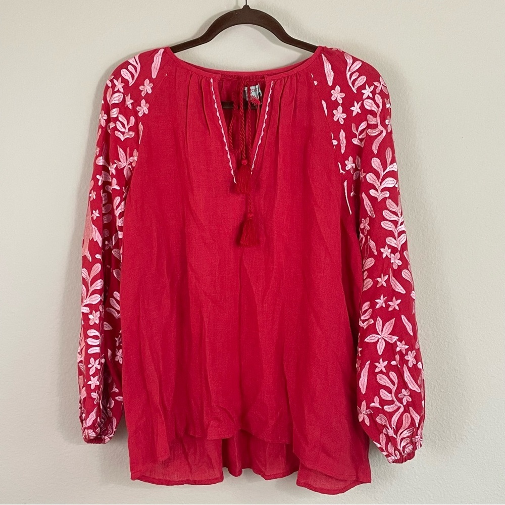 MERSEA Red Linen Embroidered Sleeves Tie Neck Popover Top NWT Size Small‎